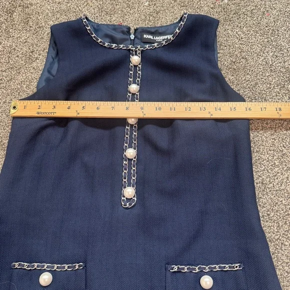 Karl Lagerfeld Paris Women's 6 Tweed Navy Dress with Pearl and Chain Detail - Picture 5 of 7